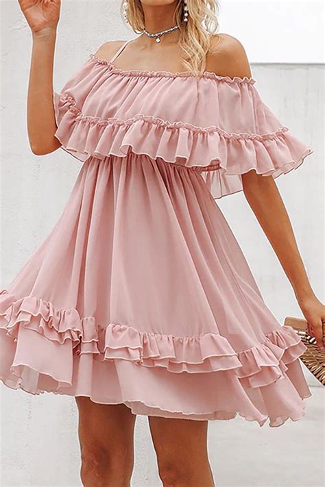 Juberry Boho Romantic Vintage Ruffle Off The Shoulder Baby Doll Chiffon