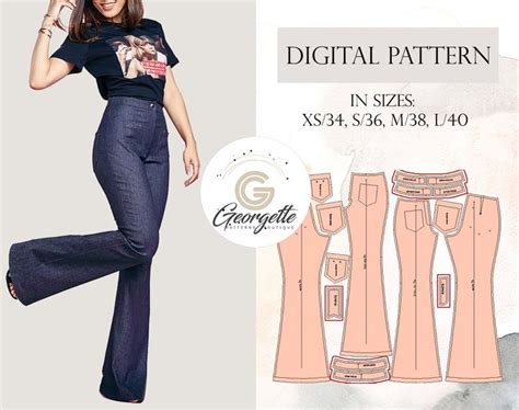 Alesia High Rise Flare Jeans Pants With Pockets Pattern 34 36 38 40 42 44 46 Eu Pdf A4 Letter