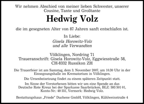 Traueranzeigen Von Hedwig Volz Saarbruecker Zeitung Trauer De