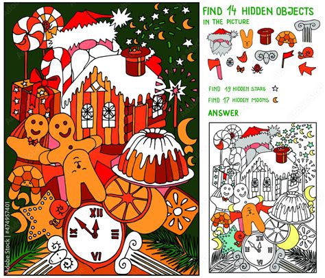 Find hidden objects. Christmas puzzle for kids. Santa Claus, gingerbread house, Ginger man ...