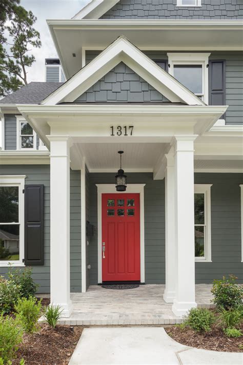 Gray House Red Door - A Suburban Detached House With Grey Siding And ...