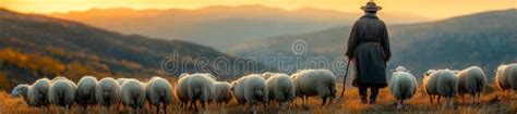 traditional shepherd herding sheep   mountain hill  sunset stock