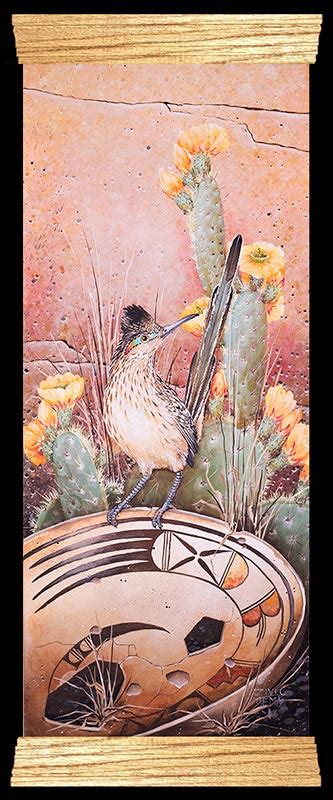 Roadrunner On Bowl W Prickly Pear Cactus Southwestern Art And Birds