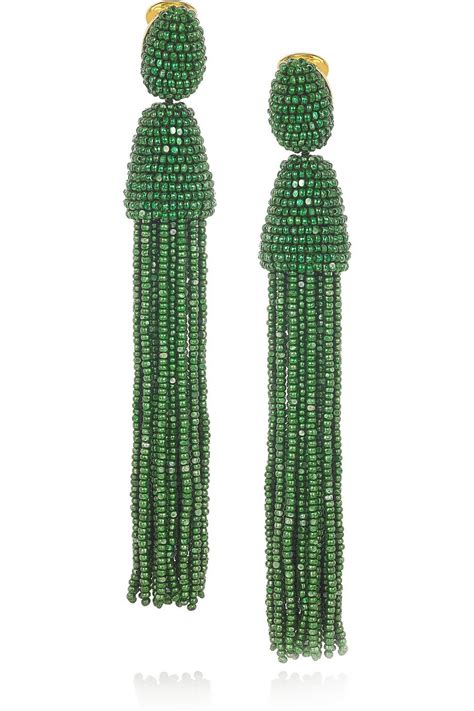 Beaded Tassel Emerald Green Oscar De La Renta Clip On Earrings