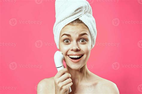 Woman With Towel On Head Naked Shoulders Skin Care Cosmetology Pink