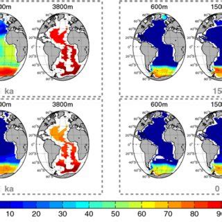 Antarctic Bottom Water contribution (%) at various depths for four ...