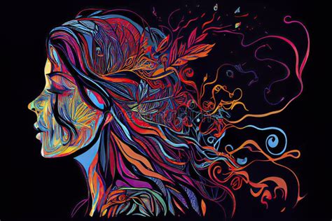 Colourful Psychedelic Line Art With The Abstract Smoking Woman Stock