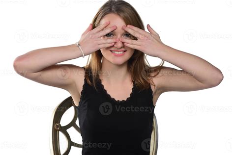 Close Up Studio Portrait Of Cheerful Blonde Hipster Girl Going Crazy Making Funny Face