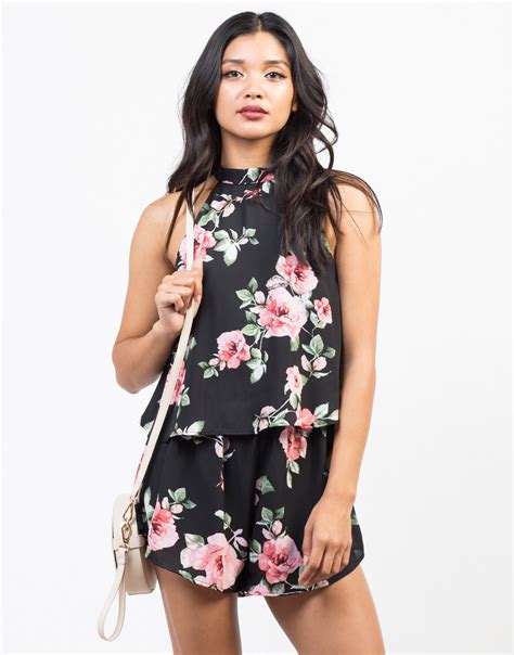 Tiered Floral Chiffon Romper Black Floral Romper White Mock Neck