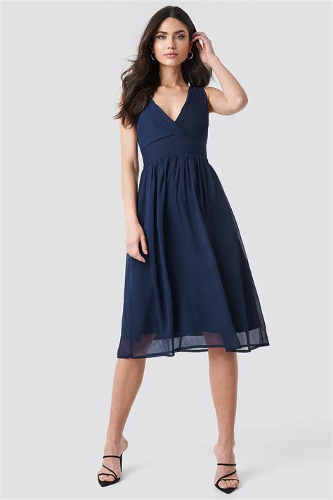 Draped Waist V-Neck Chiffon Dress Blue | NA-KD