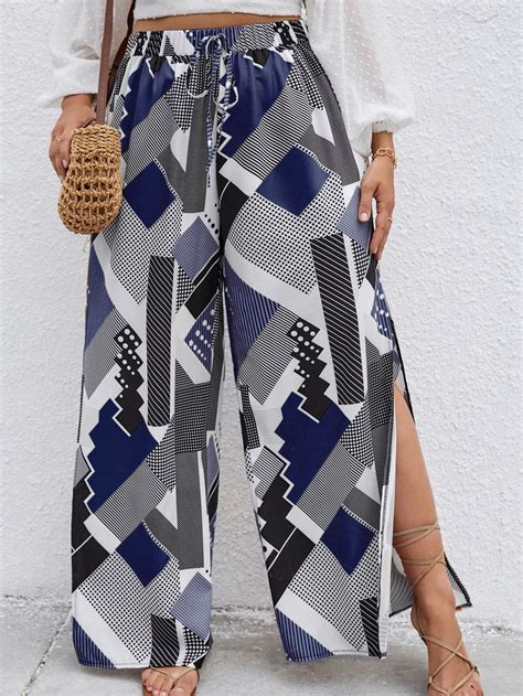 Multicolor Casual Collar Fabric Geometric Striped Wide Leg Embellished