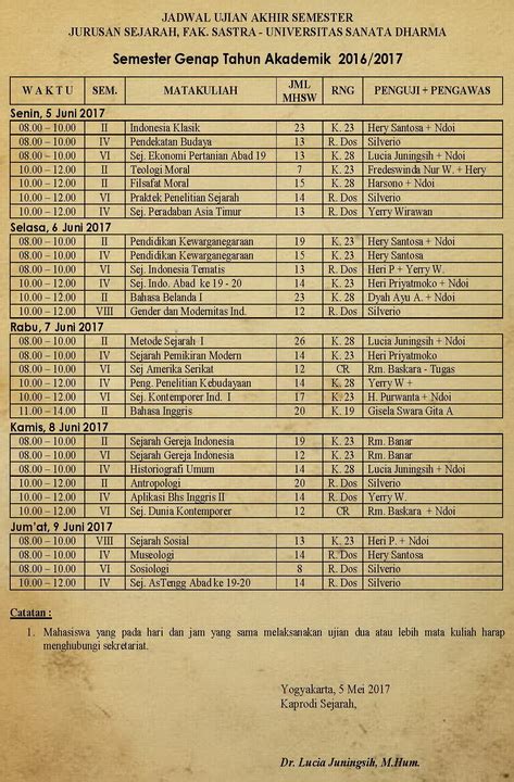 Jadwal UAS Semester Genap 2016 2017 Program Studi Sejarah USD