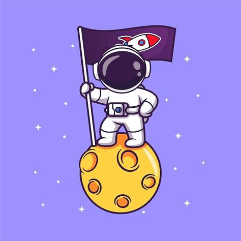 Bonito astronauta segurando a bandeira de foguete na lua no espaço