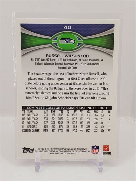 2012 Topps Chrome Russell Wilson ROOKIE Card 40 Stands Seahawks