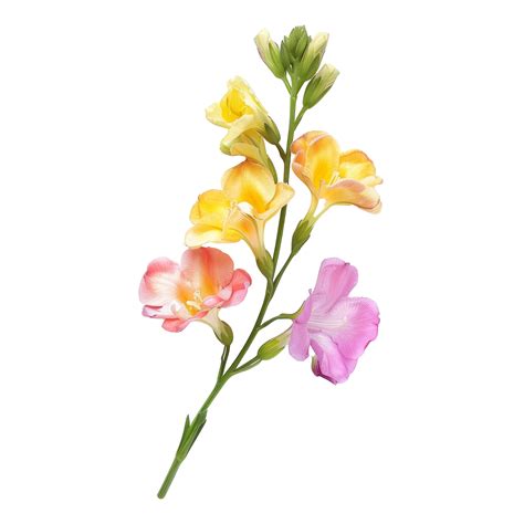 A delicate arrangement of colorful freesias on a transparent background