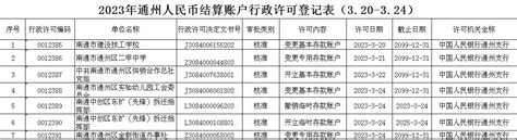 2023年通州人民币结算账户行政许可登记表（320 324） 公告公示