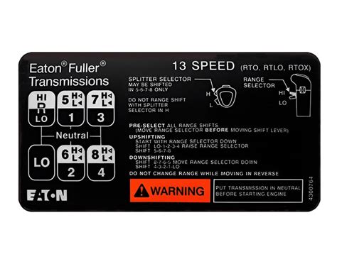 Eaton Fuller® RTLO 13-Speed Transmission Shift Pattern Diagram Label ...