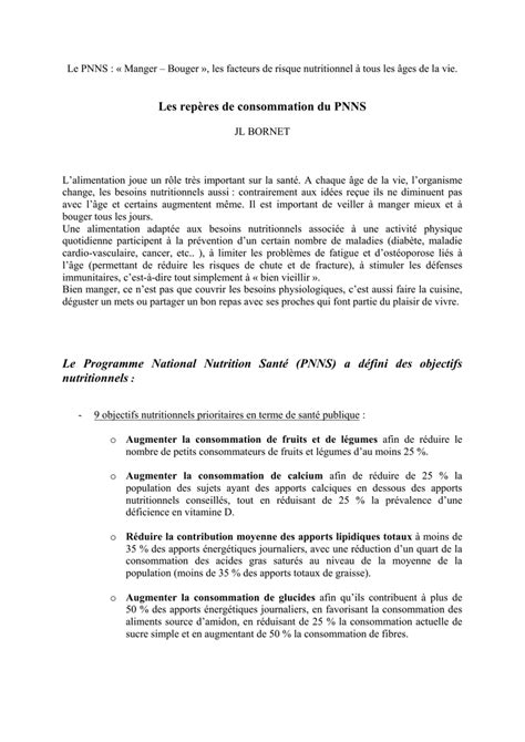 Les repères de consommation du PNNS Le Programme National