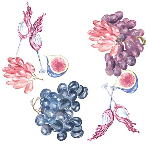 Desenho Em Aquarela De Copos Vinho Uvas E Figos Em Um Fundo Branco