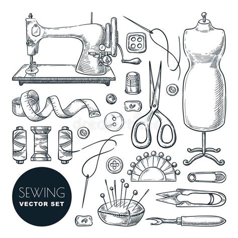 Sewing Tools and Tailor Equipment Set. Vector Sketch Illustration. Craft and Handmade Sew ...