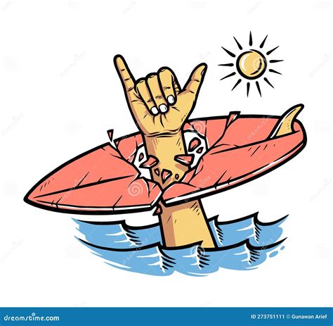 Shaka Hand and Surfboard in the Sea Stock Illustration - Illustration of finger, vacation: 273751111