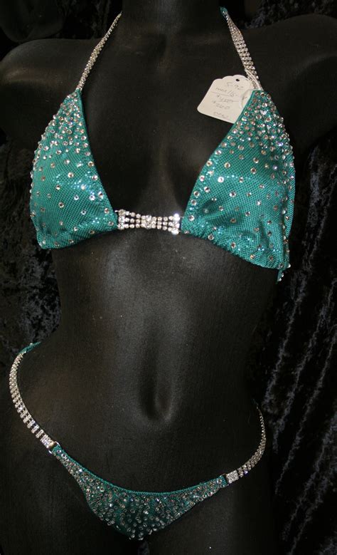 Style Jade Green Metallic Competition Bikini With Rhinestone