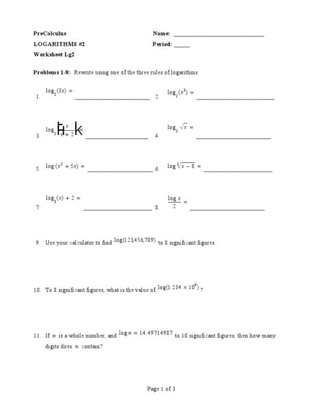 Logarithms 2 Worksheet For 11th 12th Grade Lesson Planet