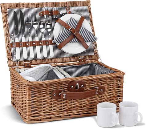 Picnic Basket For 2 Willow Hamper Set With Insulated Compartment