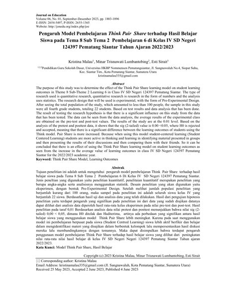 Pdf Pengaruh Model Pembelajaran Think Pair Share Terhadap Hasil Belajar Siswa Pada Tema 8 Sub