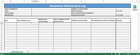 Equipment Maintenance Log Template Free Weekly Equipment Maintenance ...