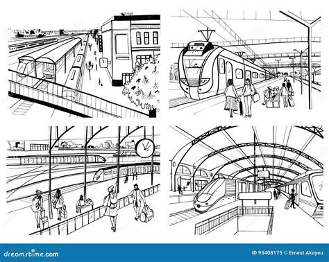 Set Of Sketches With Railway Station Passengers On Platform Waiting