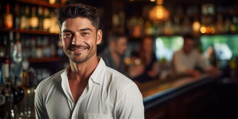 Premium AI Image | Male bartenders stand prepared and exude cheerful ...