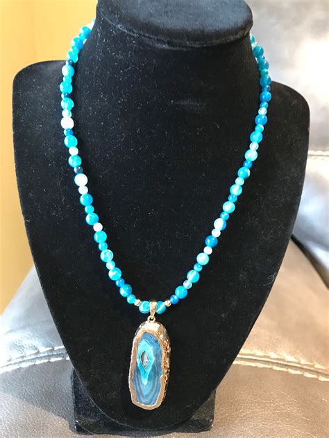 Beautiful Blue Agate Bead Necklace Etsy Uk