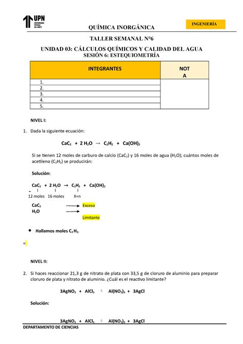 Estequiometria Ejercicios Resueltos Taller Semanal N Unidad