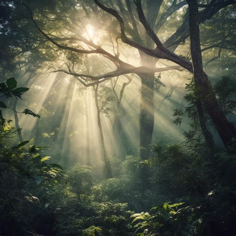 Luz do sol brilhando através das árvores em uma floresta folhas