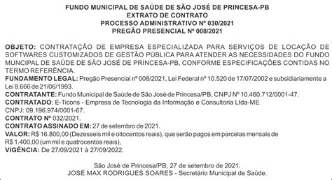 Fundo Municipal De Sa De De S O Jos De Princesa Pb Extrato De Contrato