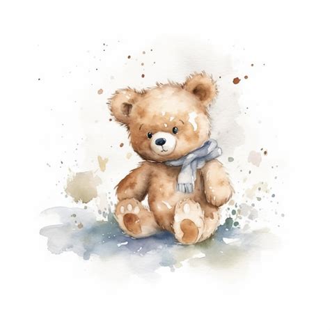 Ours En Peluche Aquarelle Jouant Dans La Neige Fond Blanc Unique G N R