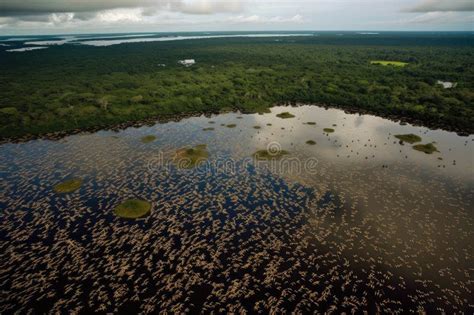 Aerial View of the Amazonas with Flock of Birds Flying in Formation Stock Image - Image of ...