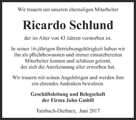 Traueranzeigen Von Ricardo Schlund Trauer In Thueringen De