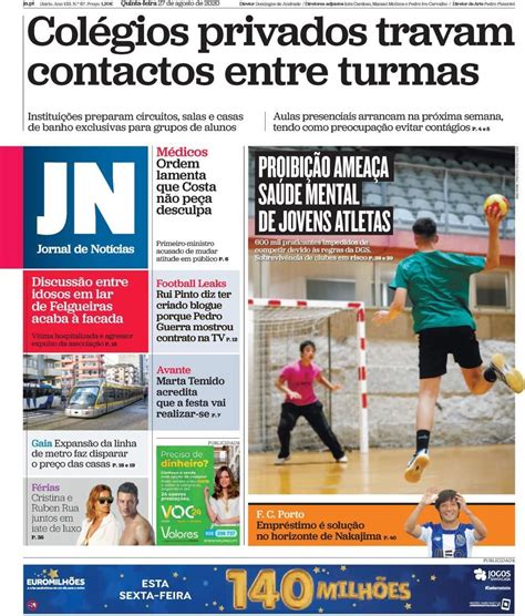 Capa Do Jn De Hoje Col Gios Privados Travam Contactos Entre Turmas