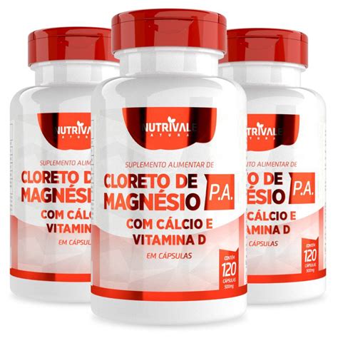 Kit 3X Cloreto de Magnésio p A Cálcio e Vitamina D 120 cápsulas