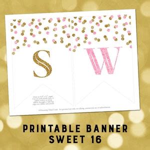 Printable Sweet 16 Birthday Banner Pink Gold Confetti Bunting Instant ...