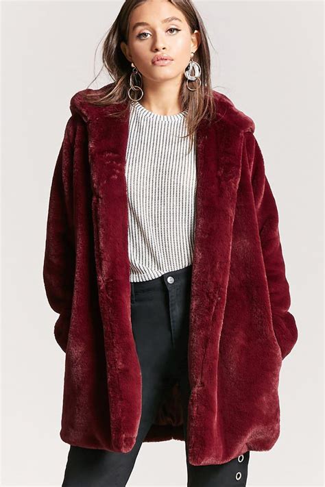 Lyst Forever 21 Hooded Faux Fur Coat In Red