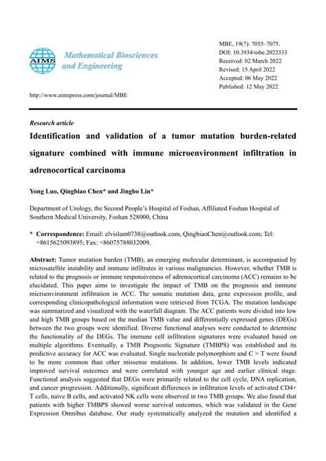 Pdf Identification And Validation Of A Tumor Mutation Burden Related