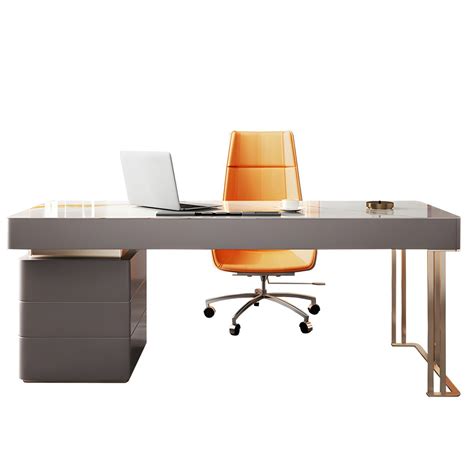 Grey Office Desk Mirrored Rectangular Drawers Storage Desk with Metal ...