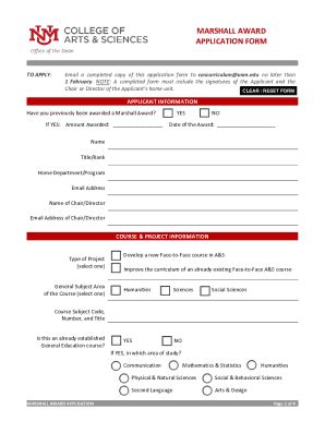 Fillable Online Artsci Unm MARSHALL AWARD APPLICATION FORM Fax Email