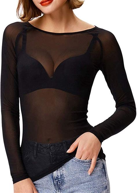 Womens Basic Long Sleeves Mesh Sheer Tops At Amazon Womens Clothing