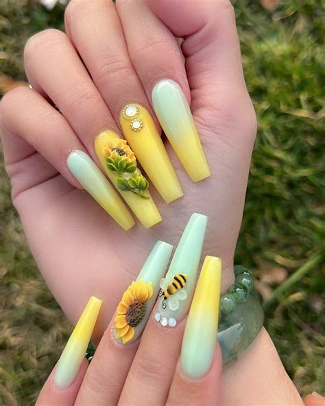 30 Coffin Sunflower Nails Perfect For The Summer 2024 Nail Designs Daily