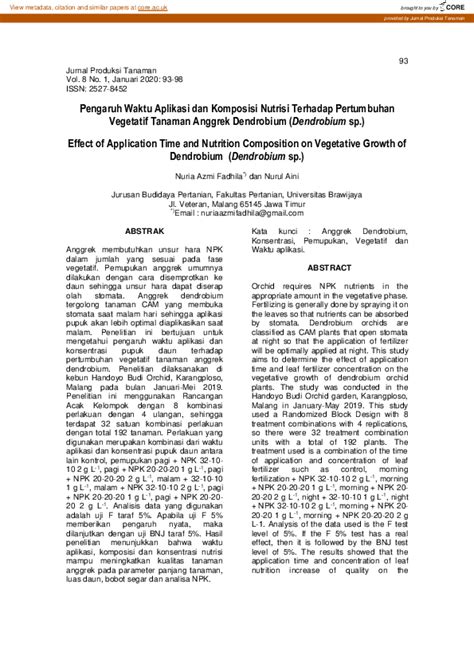 Pdf Pengaruh Waktu Aplikasi Dan Komposisi Nutrisi Terhadap