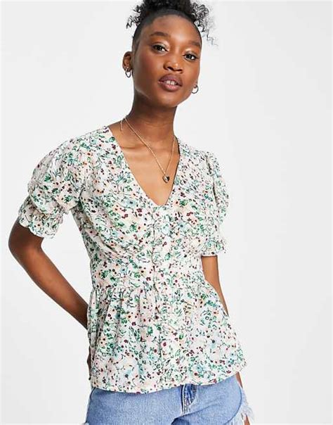 Influence Blouse With Shirred Sleeves In Ditsy Floral Asos